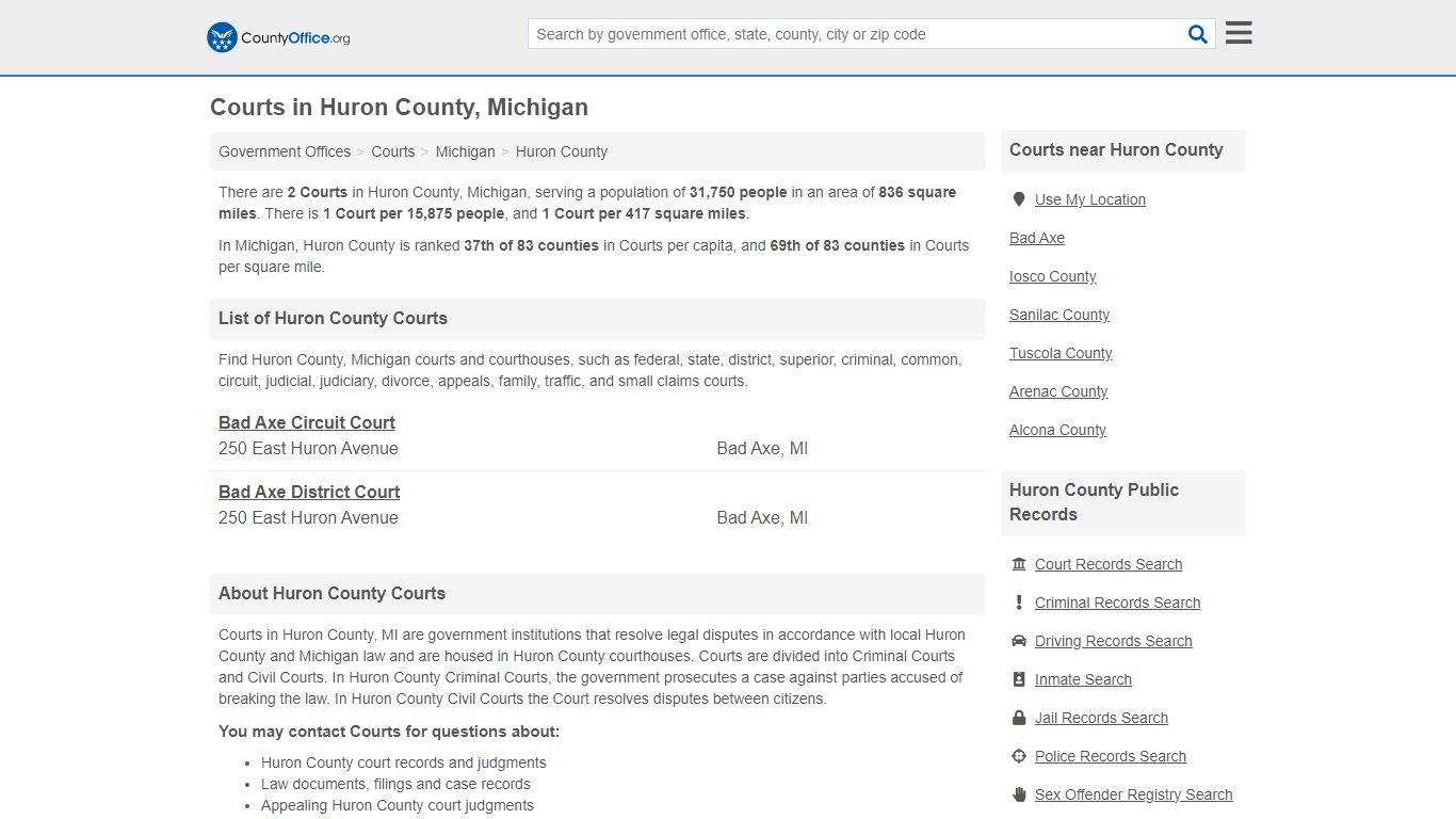 Courts - Huron County, MI (Court Records & Calendars)